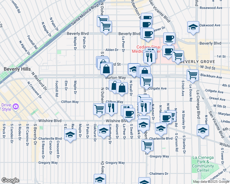 map of restaurants, bars, coffee shops, grocery stores, and more near 302 North Almont Drive in Beverly Hills