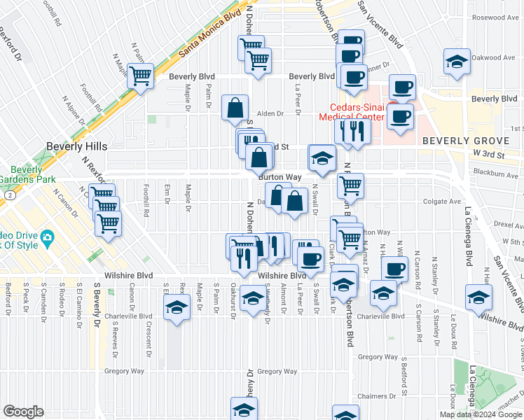 map of restaurants, bars, coffee shops, grocery stores, and more near 303 North Wetherly Drive in Beverly Hills