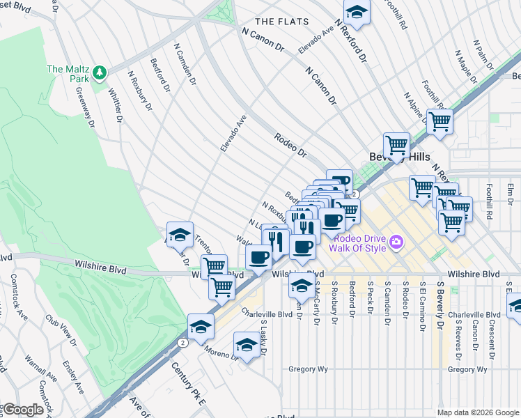 map of restaurants, bars, coffee shops, grocery stores, and more near 600 North Roxbury Drive in Beverly Hills