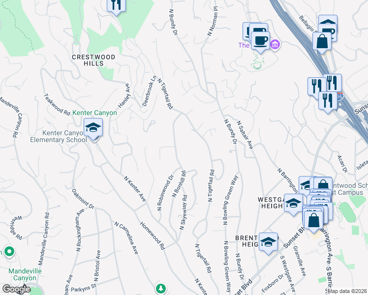 map of restaurants, bars, coffee shops, grocery stores, and more near 589 North Tigertail Road in Los Angeles