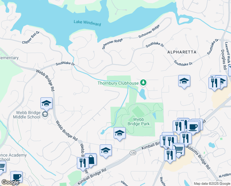 map of restaurants, bars, coffee shops, grocery stores, and more near 6640 Maid Marion Close in Alpharetta