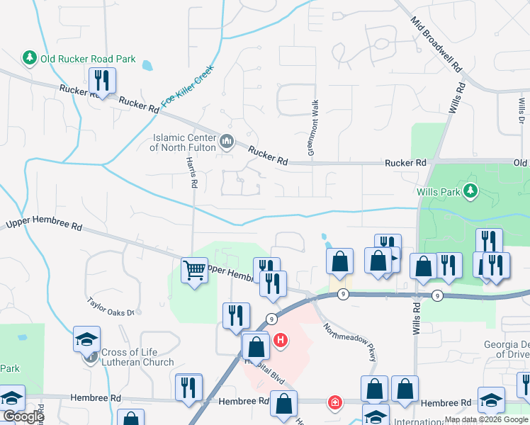 map of restaurants, bars, coffee shops, grocery stores, and more near 1283 Harris Commons Place in Roswell