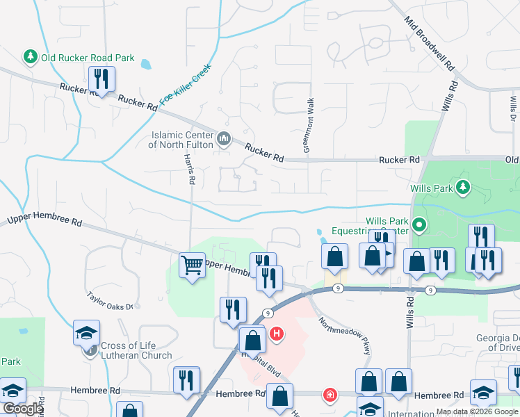 map of restaurants, bars, coffee shops, grocery stores, and more near 735 Melbourne Trail in Alpharetta
