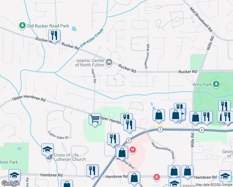 map of restaurants, bars, coffee shops, grocery stores, and more near 1247 Harris Commons Place in Roswell