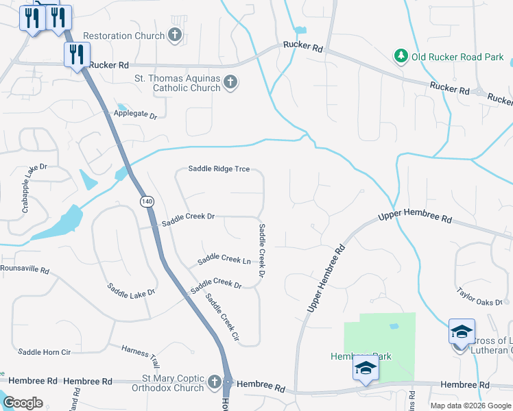 map of restaurants, bars, coffee shops, grocery stores, and more near 845 Saddle Ridge Trce in Roswell