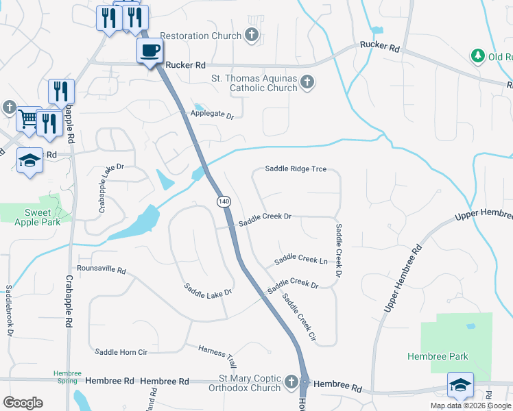 map of restaurants, bars, coffee shops, grocery stores, and more near 610 Saddle Ridge Trce in Roswell
