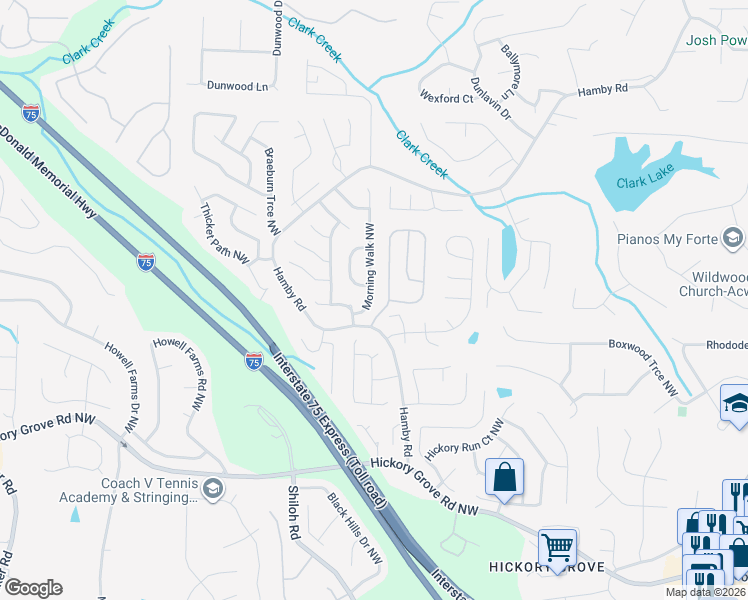 map of restaurants, bars, coffee shops, grocery stores, and more near 1992 Morning Walk Northwest in Acworth