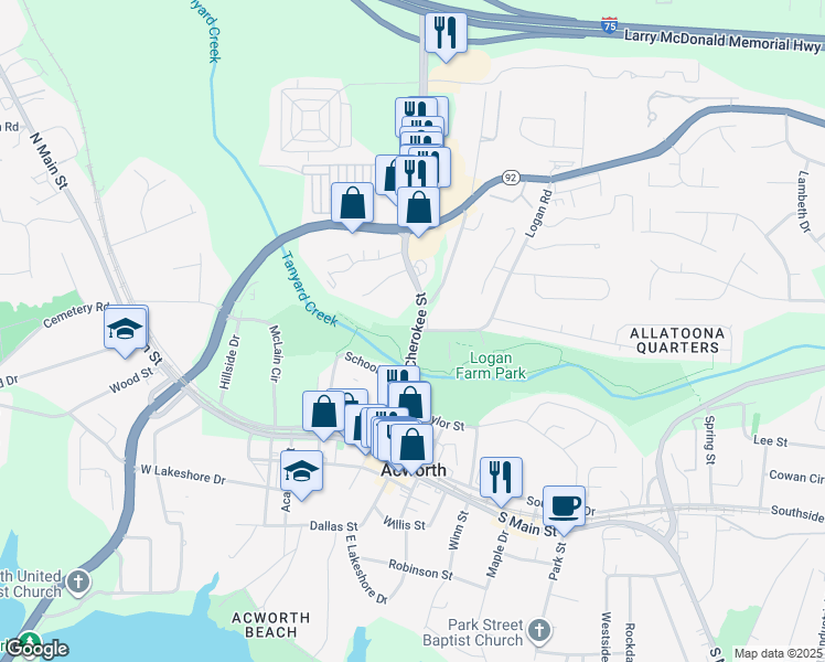 map of restaurants, bars, coffee shops, grocery stores, and more near 4350 Old Cherokee Street in Acworth