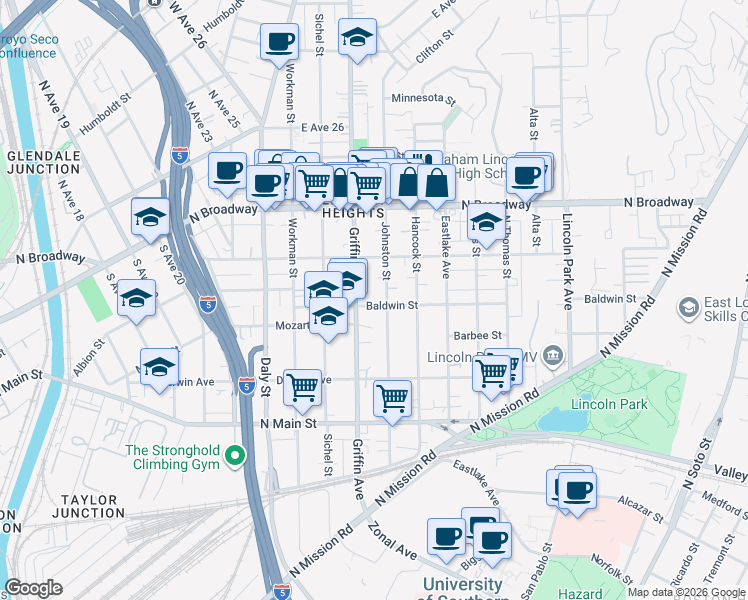 map of restaurants, bars, coffee shops, grocery stores, and more near 2919 Baldwin Street in Los Angeles