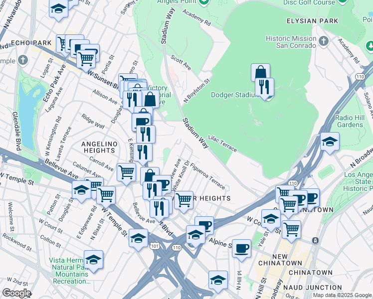 map of restaurants, bars, coffee shops, grocery stores, and more near 1122 Panorama Way in Los Angeles