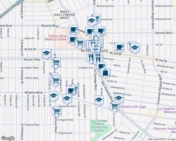 map of restaurants, bars, coffee shops, grocery stores, and more near 439 Le Doux Road in Los Angeles