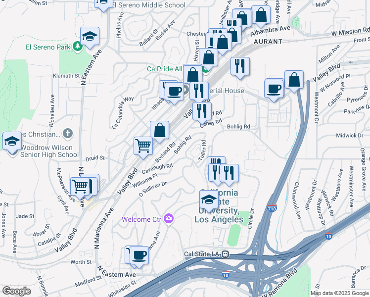 map of restaurants, bars, coffee shops, grocery stores, and more near 2221 Lafler Road in Los Angeles