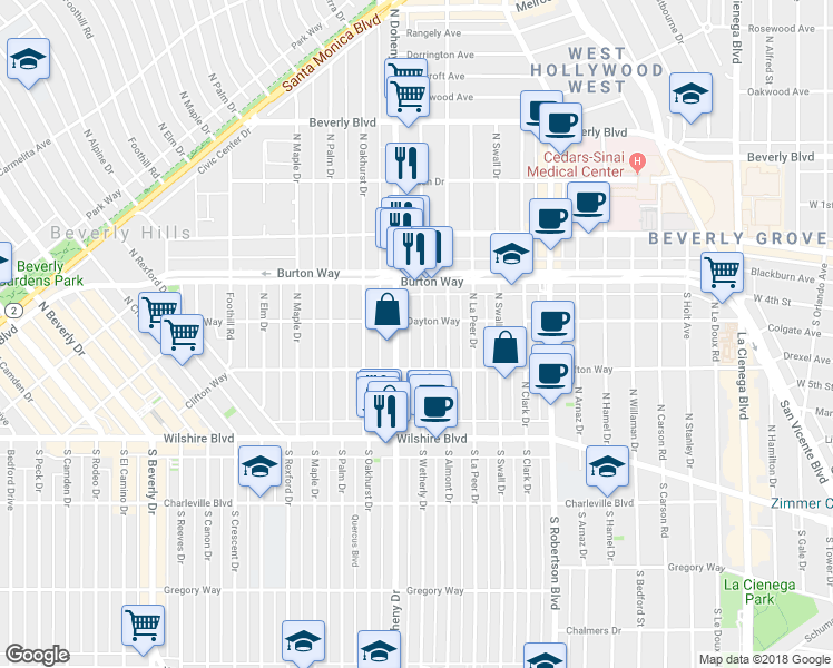 map of restaurants, bars, coffee shops, grocery stores, and more near 245 North Wetherly Drive in Beverly Hills