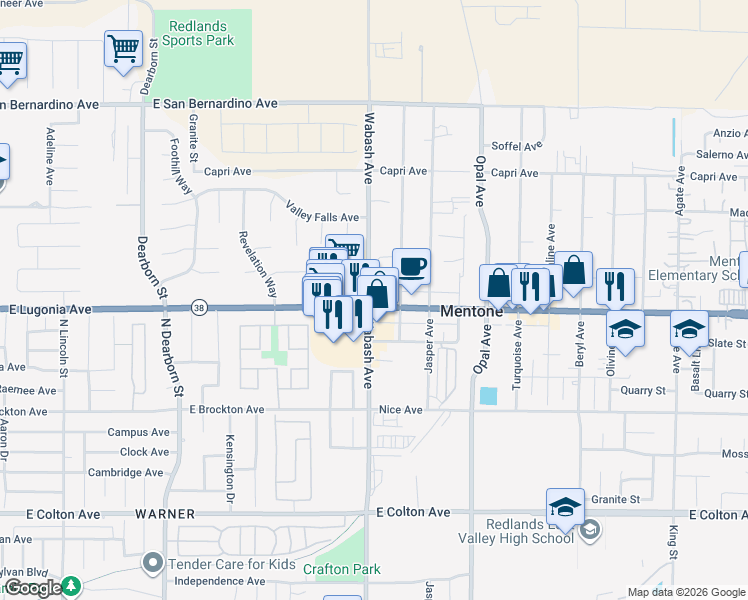 map of restaurants, bars, coffee shops, grocery stores, and more near 1703 Mentone Boulevard in Mentone