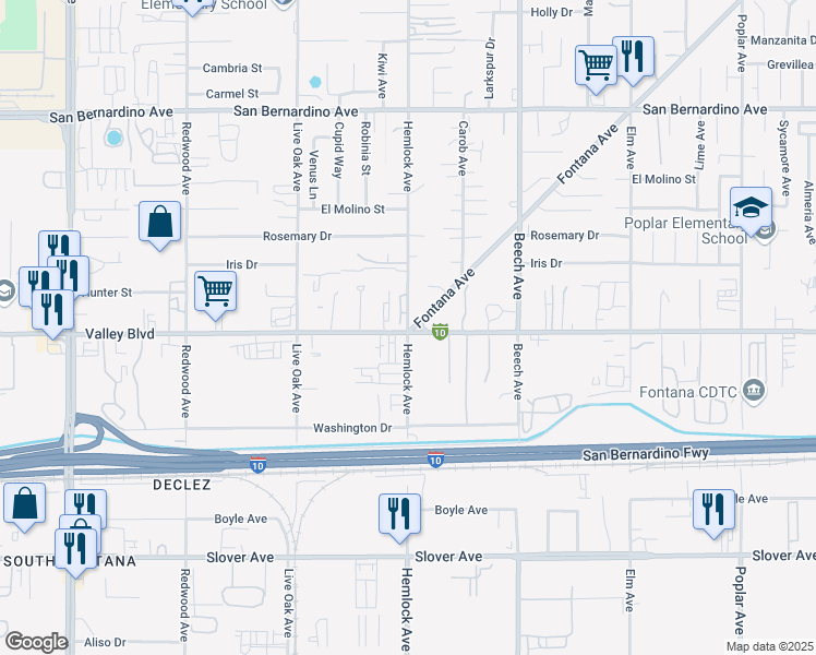 map of restaurants, bars, coffee shops, grocery stores, and more near 15766 Caterpillar Drive in Fontana