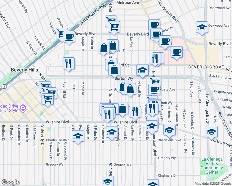 map of restaurants, bars, coffee shops, grocery stores, and more near 303 North Wetherly Drive in Beverly Hills