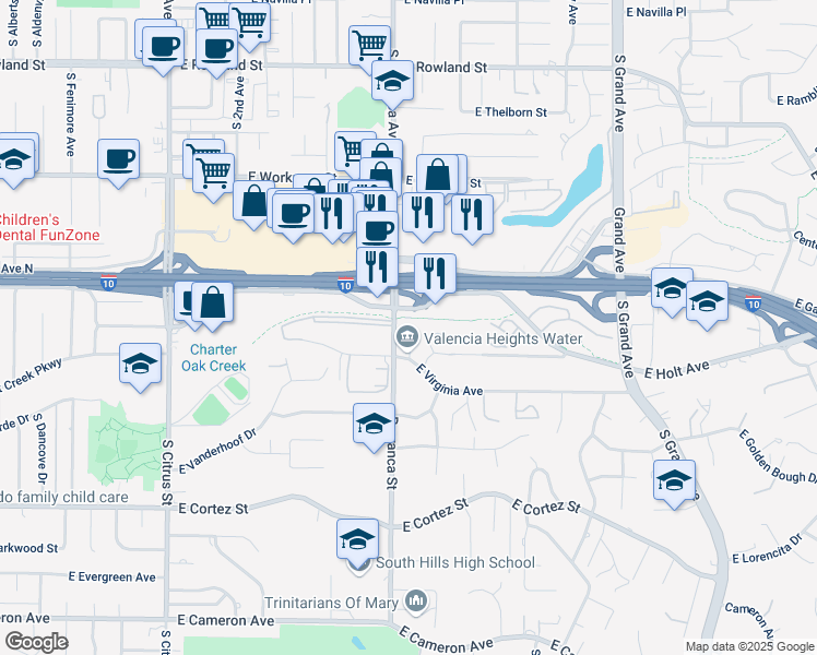 map of restaurants, bars, coffee shops, grocery stores, and more near 130 Barranca Street in West Covina