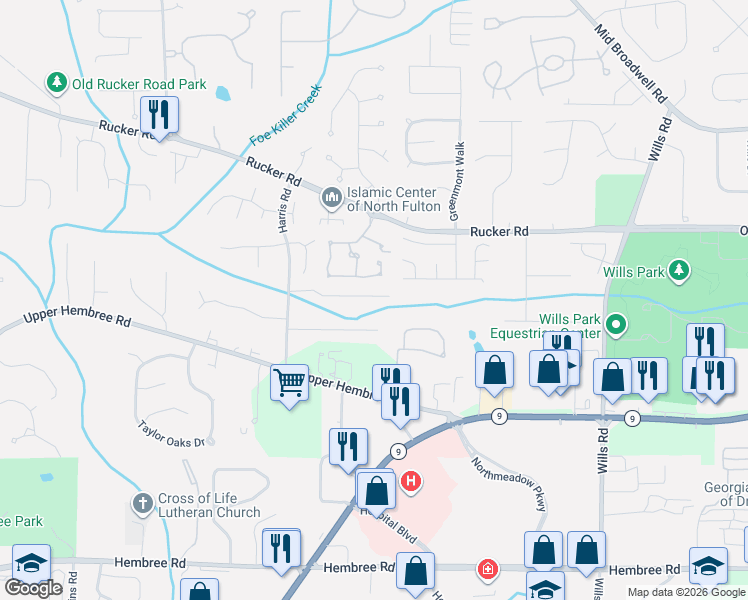 map of restaurants, bars, coffee shops, grocery stores, and more near 735 Melbourne Trail in Alpharetta