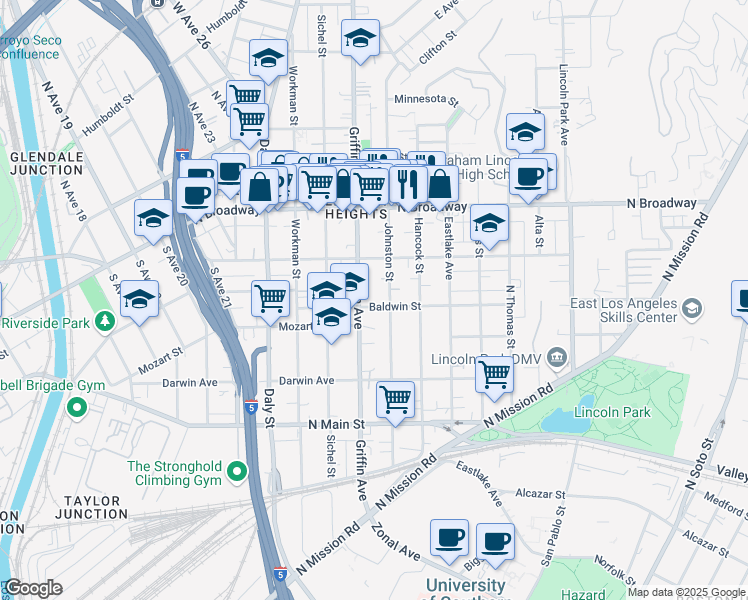 map of restaurants, bars, coffee shops, grocery stores, and more near 2913 Baldwin Street in Los Angeles