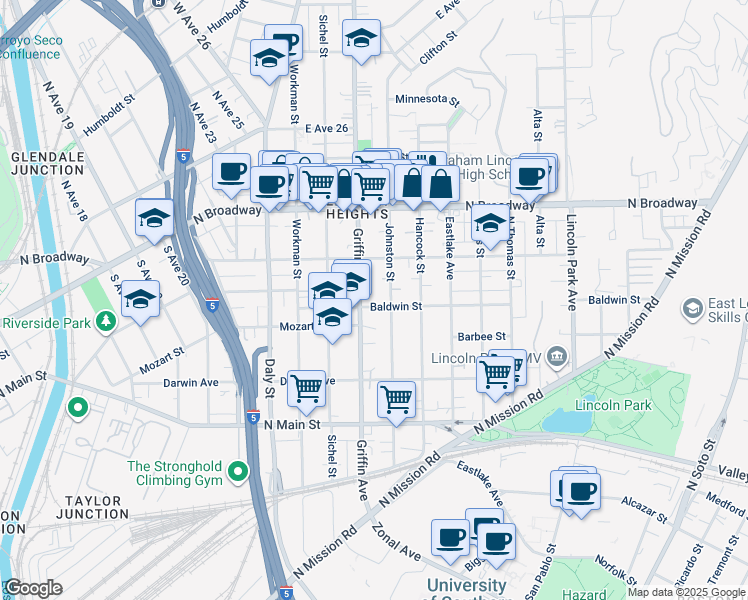 map of restaurants, bars, coffee shops, grocery stores, and more near 2913 Baldwin Street in Los Angeles