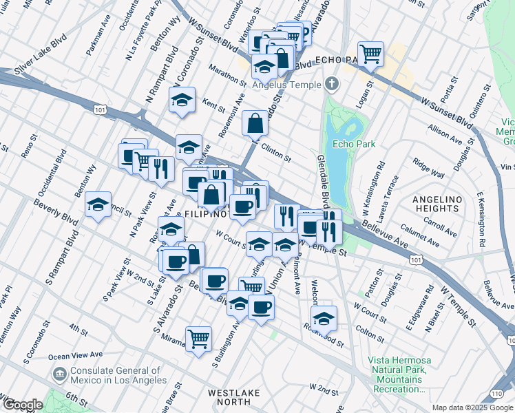 map of restaurants, bars, coffee shops, grocery stores, and more near 445 North Westlake Avenue in Los Angeles