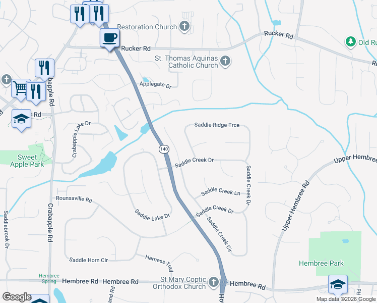 map of restaurants, bars, coffee shops, grocery stores, and more near 610 Saddle Ridge Trce in Roswell