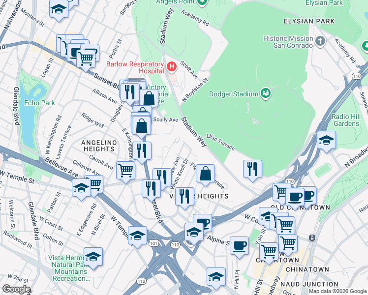 map of restaurants, bars, coffee shops, grocery stores, and more near 1040 White Knoll Drive in Los Angeles