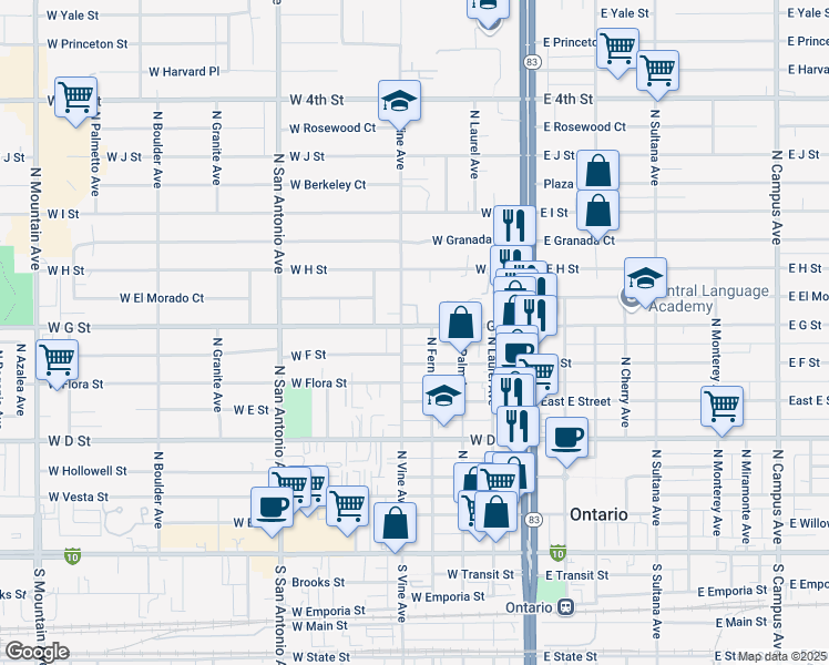 map of restaurants, bars, coffee shops, grocery stores, and more near 418 West G Street in Ontario