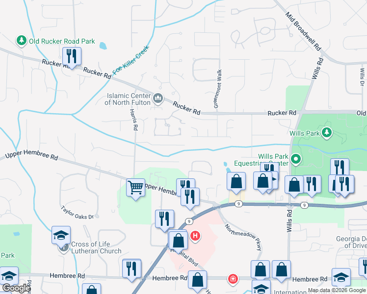map of restaurants, bars, coffee shops, grocery stores, and more near 735 Melbourne Trail in Alpharetta