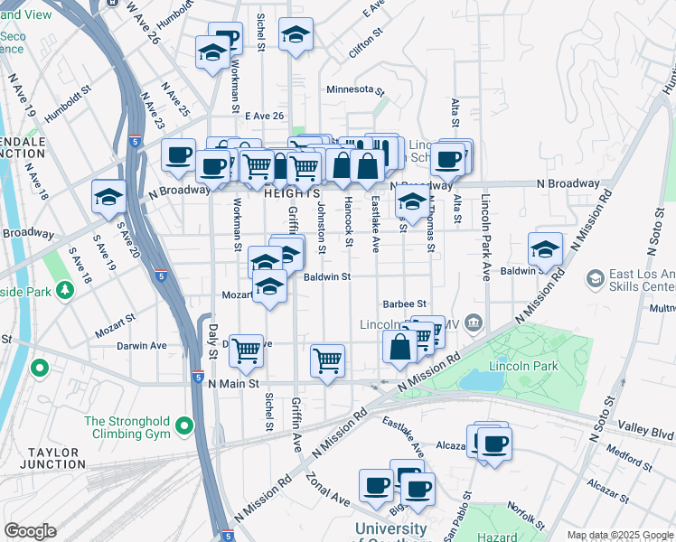 map of restaurants, bars, coffee shops, grocery stores, and more near 2234 Hancock Street in Los Angeles