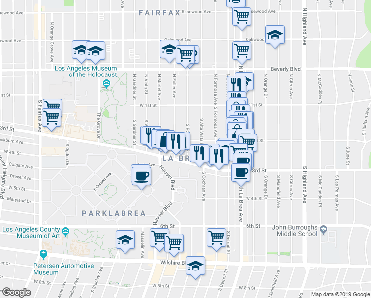map of restaurants, bars, coffee shops, grocery stores, and more near 217 South Poinsettia Place in Los Angeles