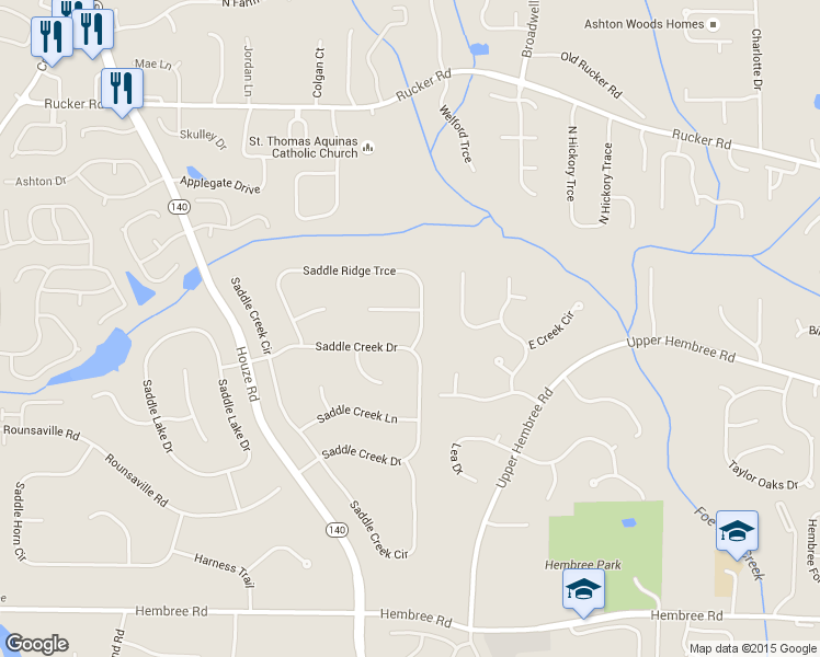 map of restaurants, bars, coffee shops, grocery stores, and more near 845 Saddle Ridge Trce in Roswell