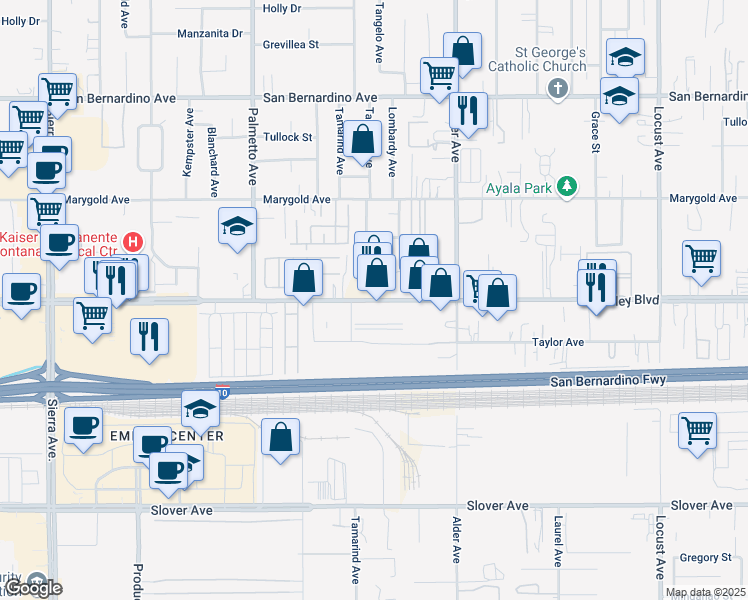 map of restaurants, bars, coffee shops, grocery stores, and more near 17538 Valley Boulevard in Bloomington