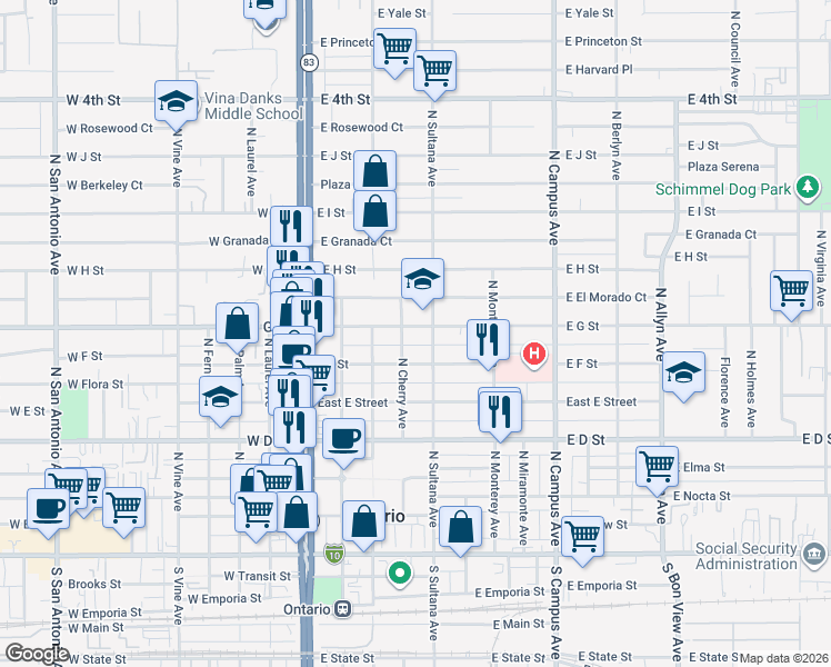 map of restaurants, bars, coffee shops, grocery stores, and more near 412 East G Street in Ontario