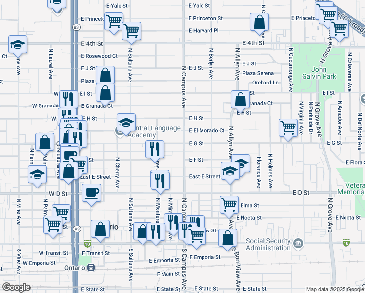 map of restaurants, bars, coffee shops, grocery stores, and more near 649 East G Street in Ontario