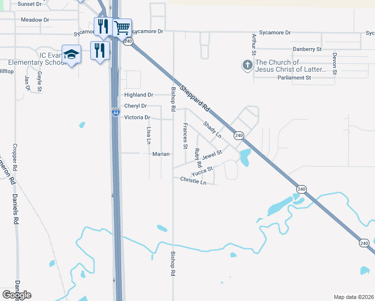 map of restaurants, bars, coffee shops, grocery stores, and more near 1025 Frances Street in Burkburnett