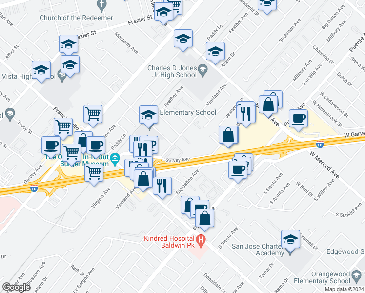 map of restaurants, bars, coffee shops, grocery stores, and more near 3108 Vineland Avenue in Baldwin Park