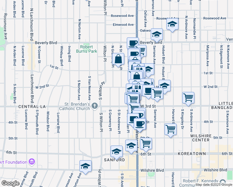map of restaurants, bars, coffee shops, grocery stores, and more near 221 South Saint Andrews Place in Los Angeles