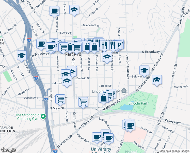 map of restaurants, bars, coffee shops, grocery stores, and more near 3127 Baldwin Street in Los Angeles