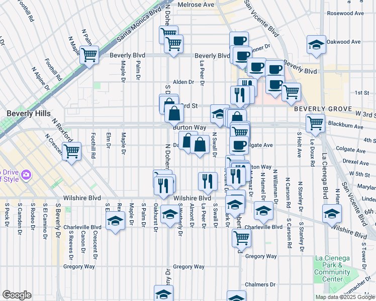 map of restaurants, bars, coffee shops, grocery stores, and more near 302 North Almont Drive in Beverly Hills