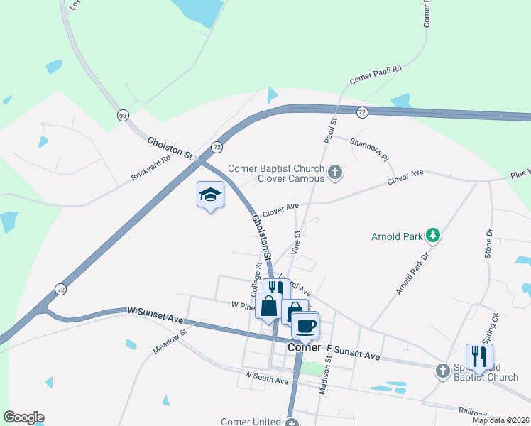 map of restaurants, bars, coffee shops, grocery stores, and more near 604 Gholston Street in Comer