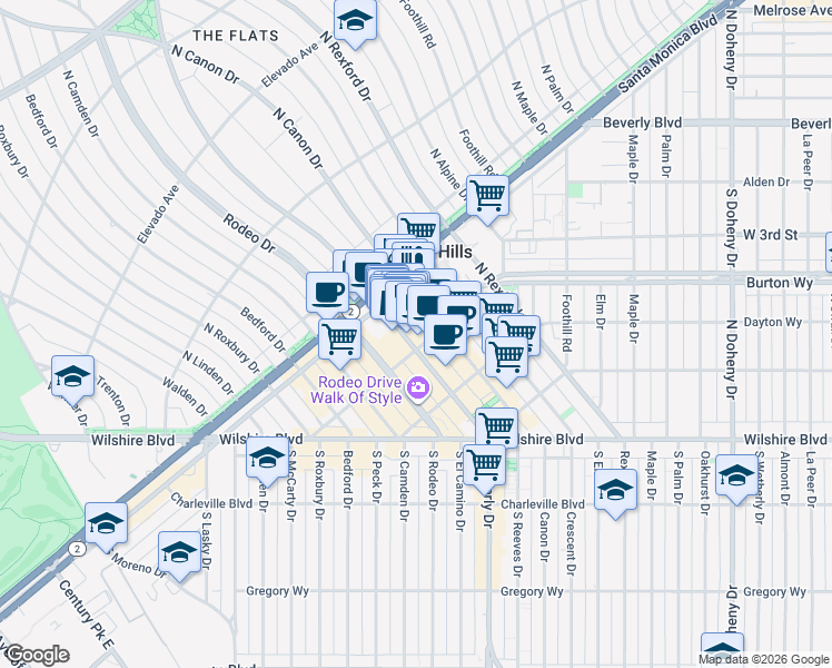 map of restaurants, bars, coffee shops, grocery stores, and more near in Beverly Hills