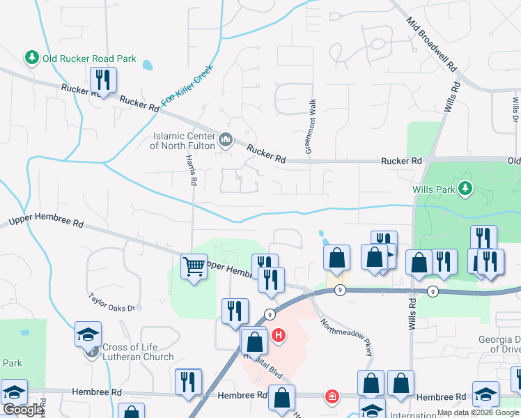 map of restaurants, bars, coffee shops, grocery stores, and more near 1283 Harris Commons Place in Roswell