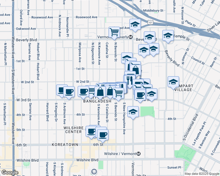 map of restaurants, bars, coffee shops, grocery stores, and more near 212 South Catalina Street in Los Angeles