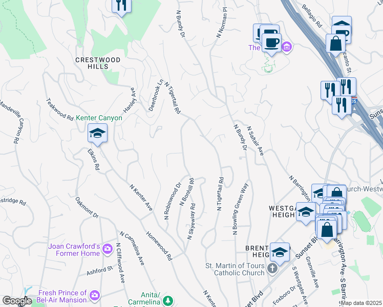 map of restaurants, bars, coffee shops, grocery stores, and more near 589 North Tigertail Road in Los Angeles