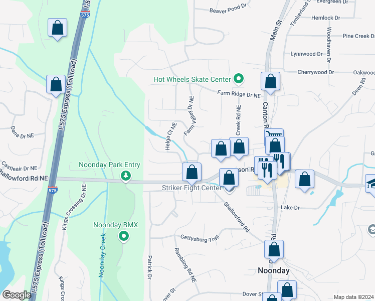 map of restaurants, bars, coffee shops, grocery stores, and more near 4891 Farm Valley Drive Northeast in Woodstock