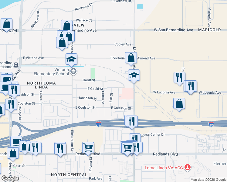 map of restaurants, bars, coffee shops, grocery stores, and more near 1669 Elm Street in Loma Linda