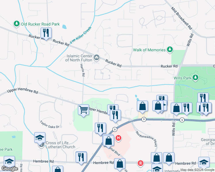 map of restaurants, bars, coffee shops, grocery stores, and more near 1267 Harris Commons Place in Roswell