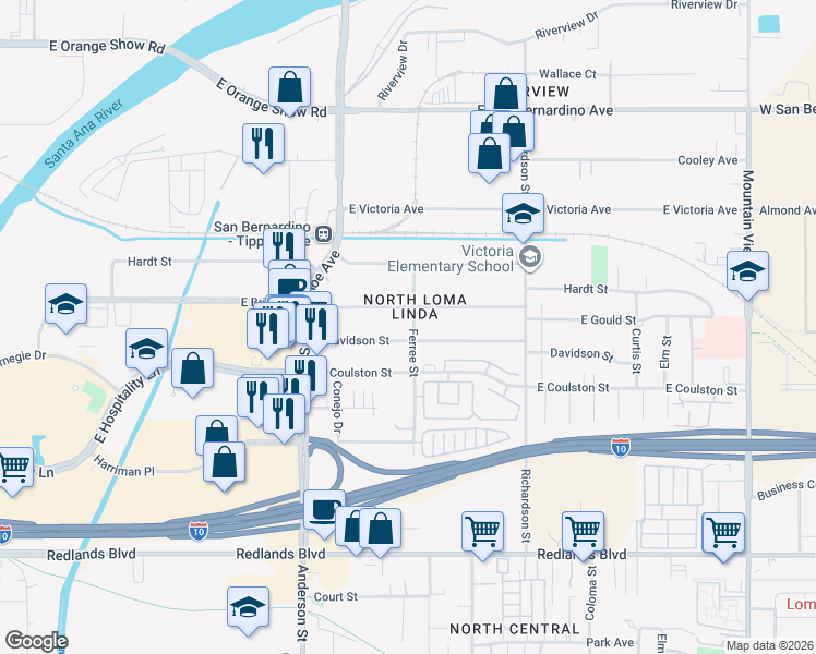map of restaurants, bars, coffee shops, grocery stores, and more near in San Bernardino