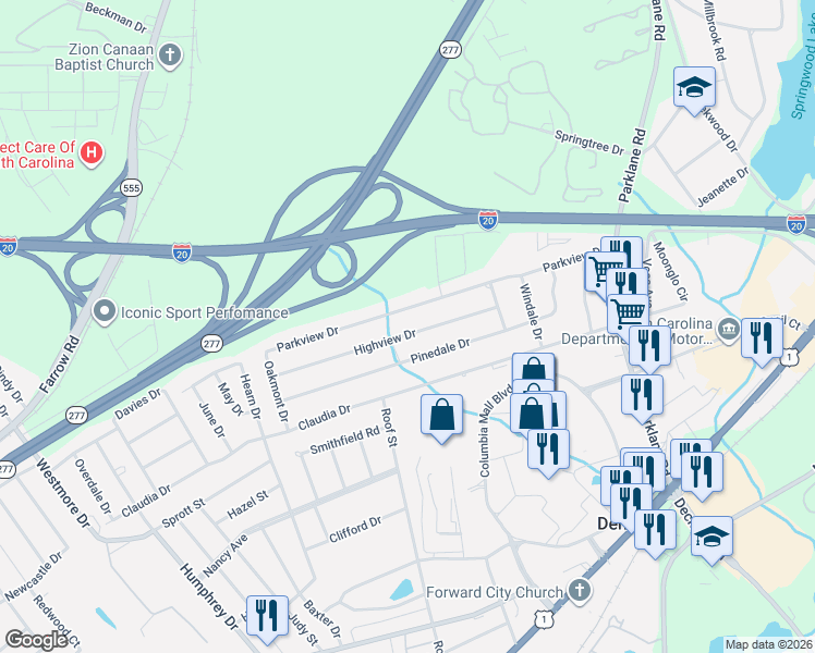 map of restaurants, bars, coffee shops, grocery stores, and more near 7430 Parkview Drive in Columbia